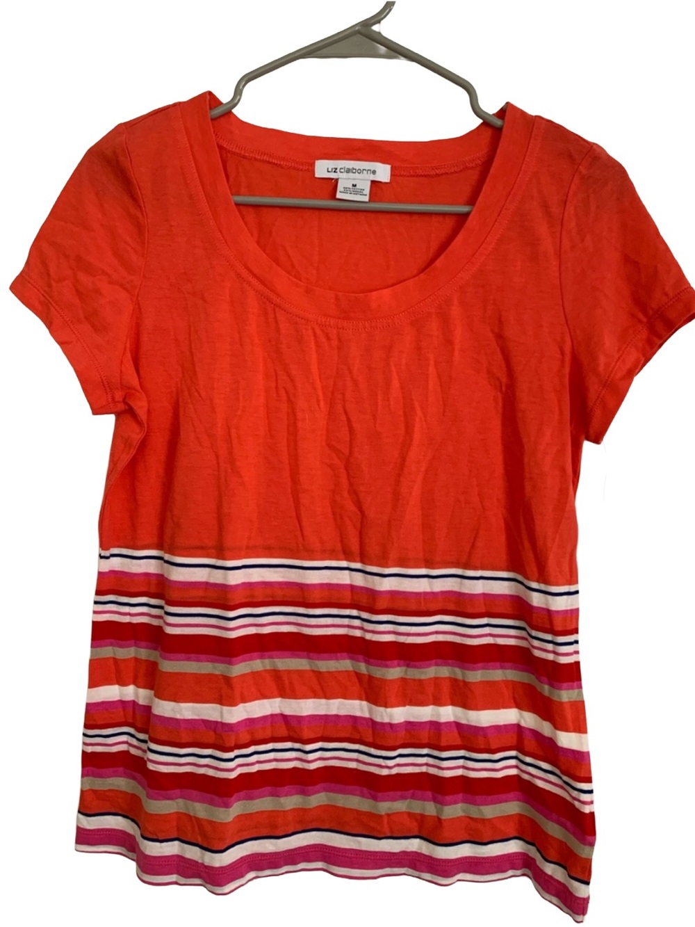 LIZ CLAIBORNE Women’s Orange Multi Stripe Rounded Neck Cap Sleeve Tee